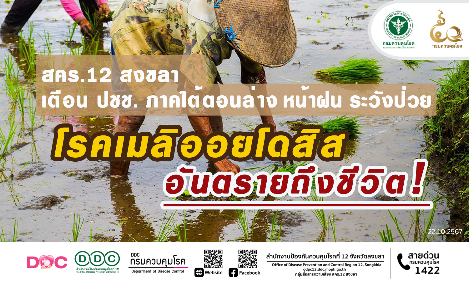 สคร.12 สงขลา เตือน ปชช. ภาคใต้ตอนล่าง

หน้าฝน ระวังป่วยโรคเมลิออยโดสิส เสี่ยงอันตรายถึงชีวิต